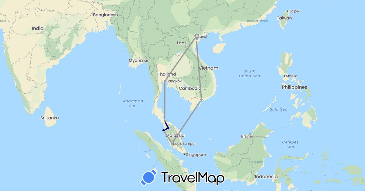 TravelMap itinerary: driving, plane in Malaysia, Thailand, Vietnam (Asia)
